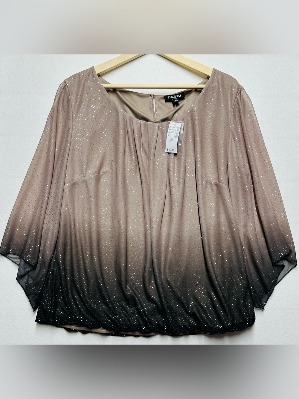 Roz & Ali Woman 2X Shimmer Ombre Blouse – Beige to Black Gradient